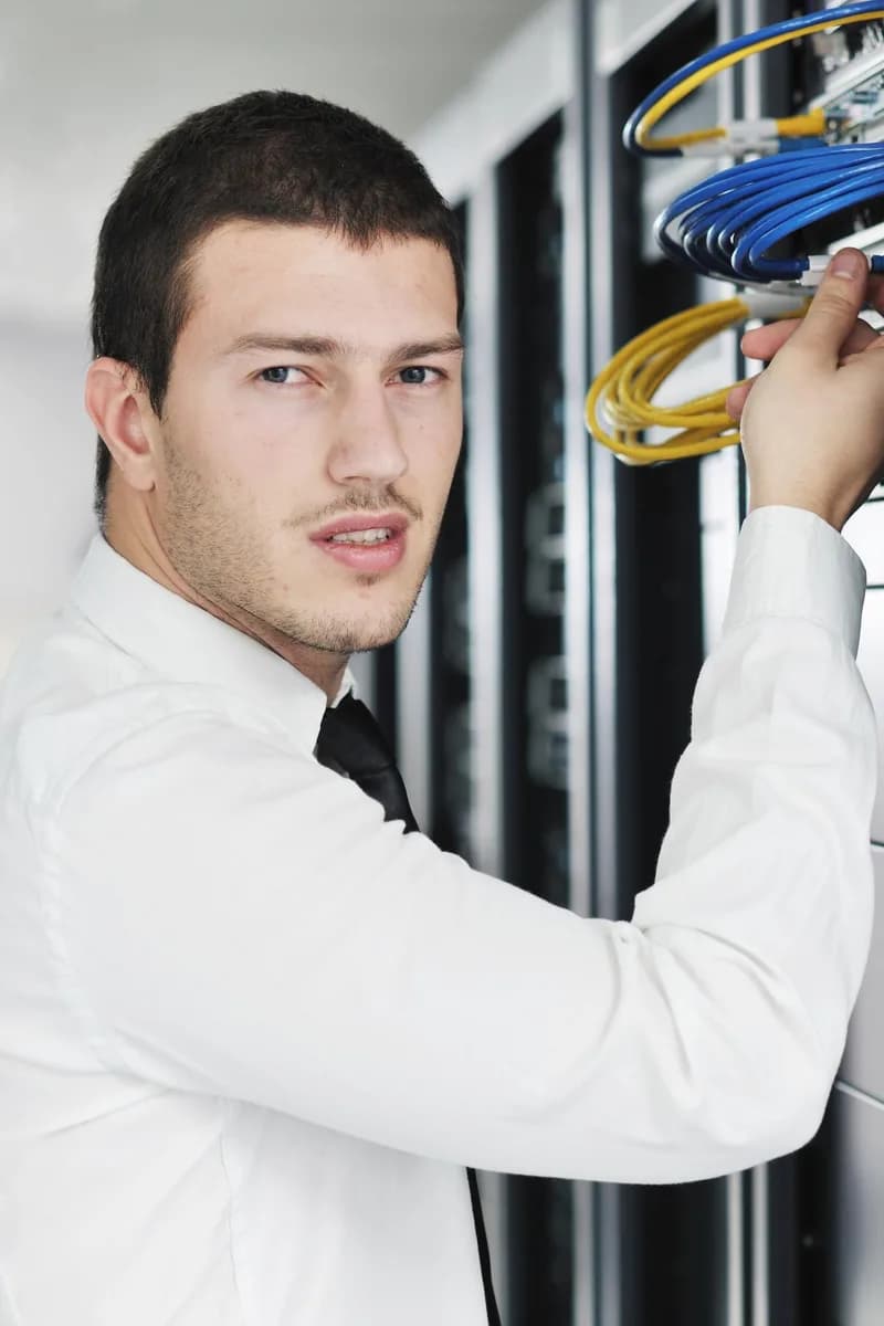 Technik kontroluje servery ve firemní serverovně.