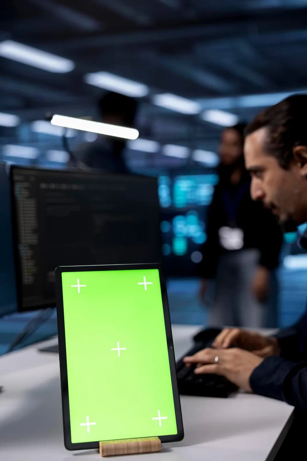 Technik kontroluje stav serverů v datovém centru.