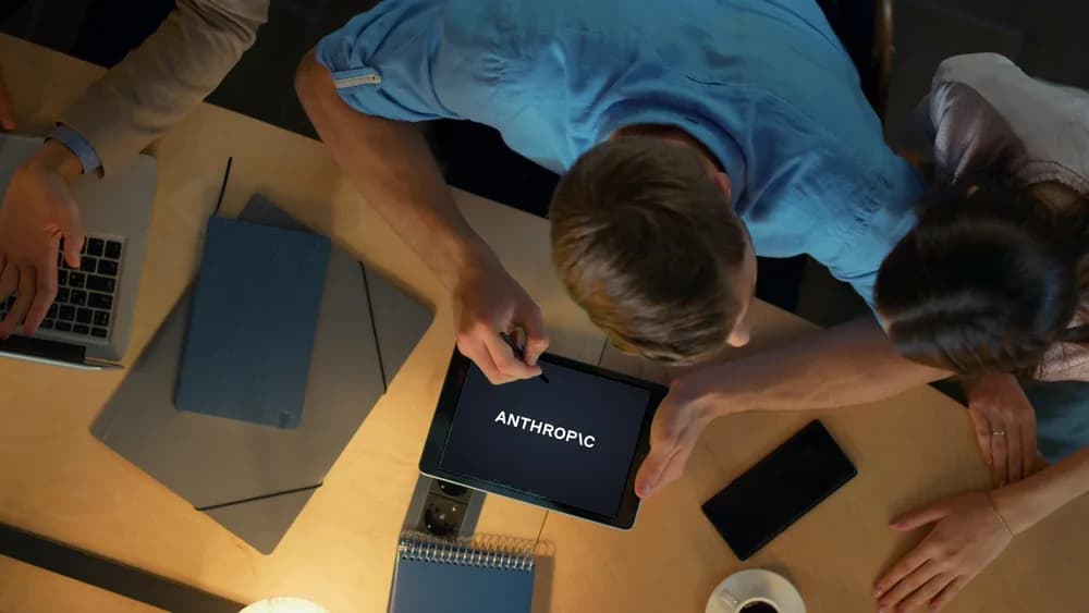 Kolegové společně pracují u stolu v kanceláři. Na displeji je logo Anthropic.