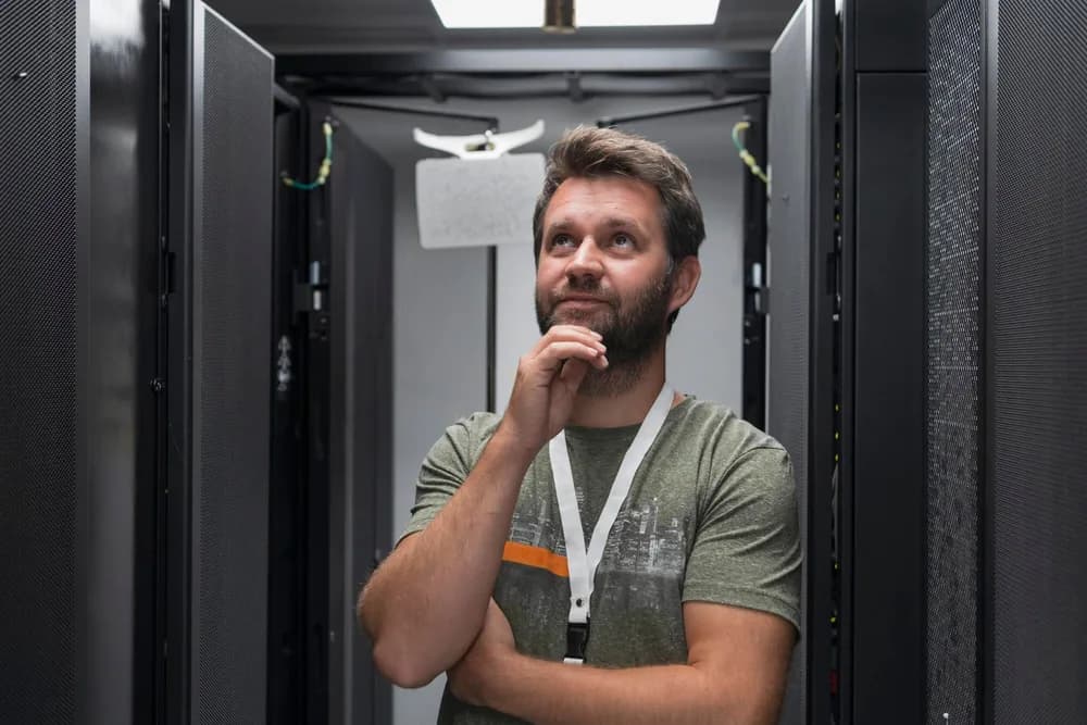 Technik kontroluje zařízení v podnikové serverovně.