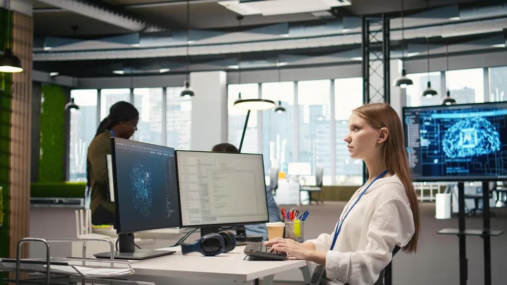 Zaměstnanec pracuje u počítače s nástrojem umělé inteligence.