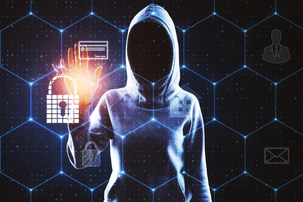 Digitální postava uniká z obrazovky mezi síťovými uzly.