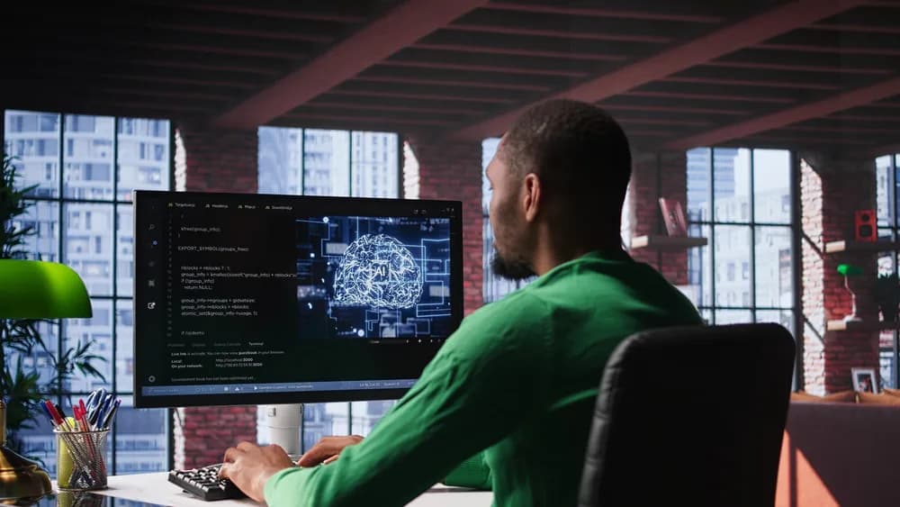 Programátor pracuje s kódem na monitoru.