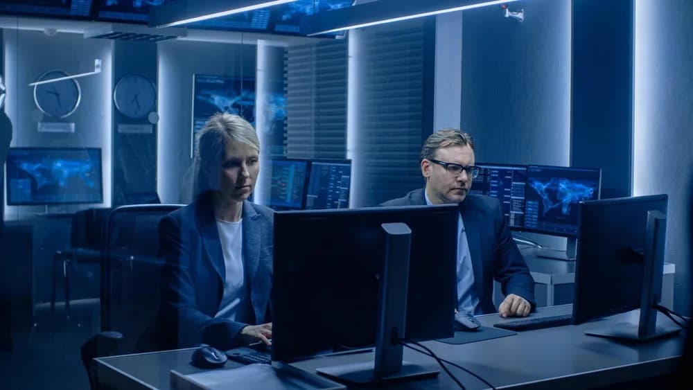 Pracovník sleduje provoz firemních systémů na monitorech.