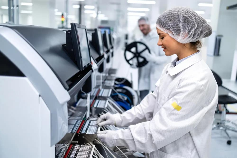 Pracovníci montují elektroniku ve výrobní hale.