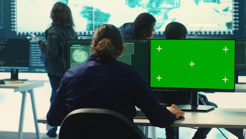 Hacking specialista pracuje s izolovaným chroma key displejem