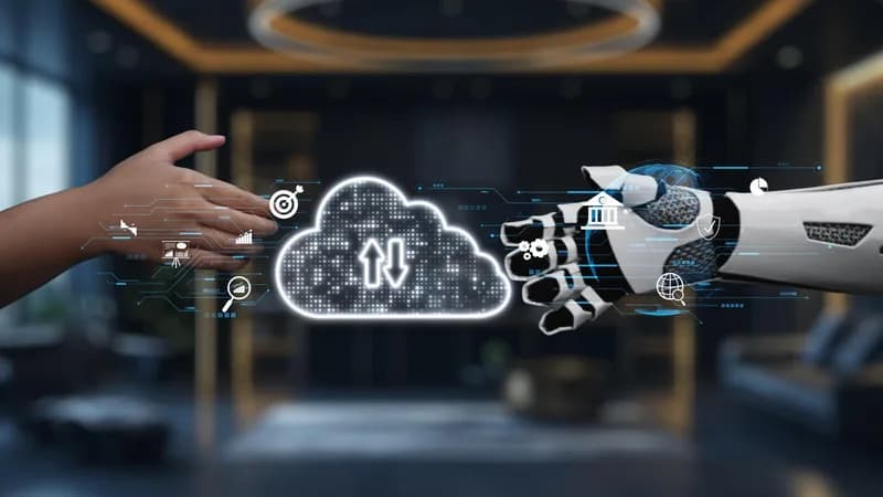 Dvě ruce spojují cloudové symboly nad digitální sítí.