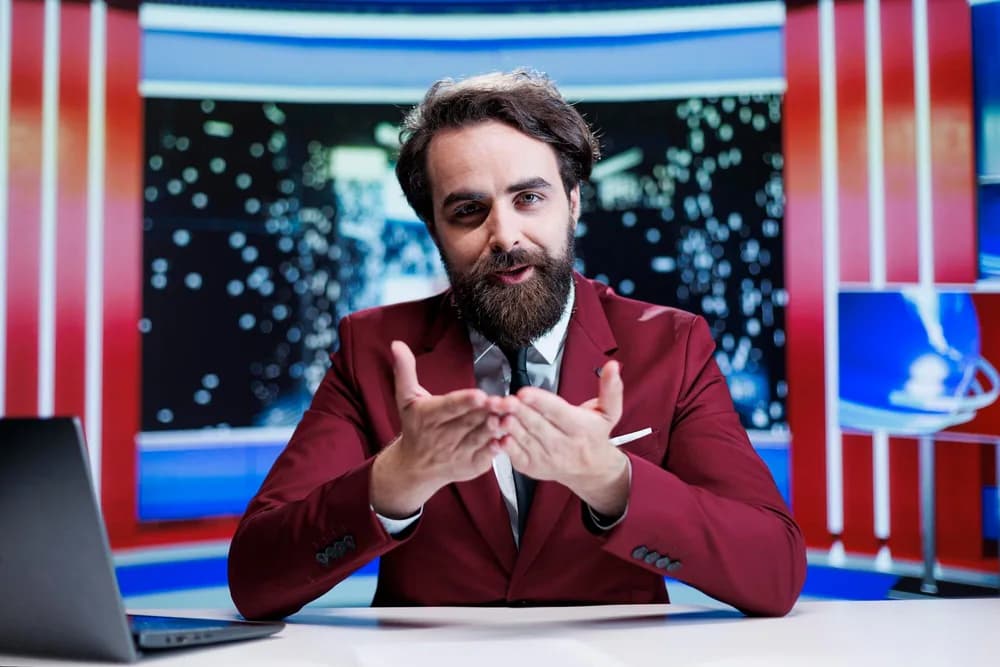 Virtuální moderátorka stojí před obrazovkou ve studiu.