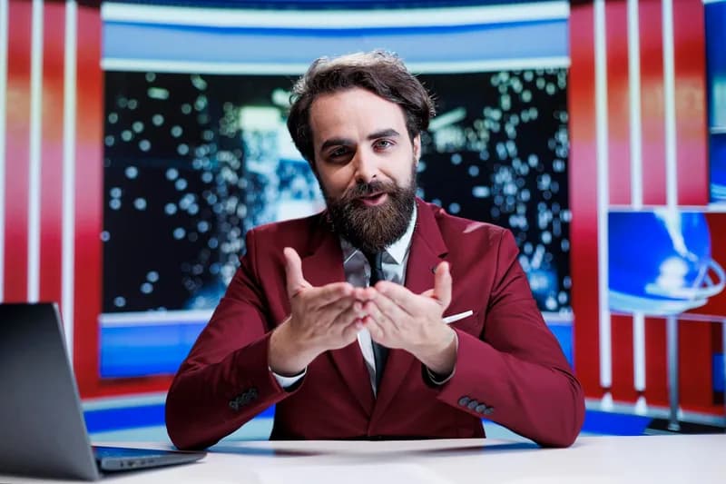 Virtuální moderátorka stojí před obrazovkou ve studiu.
