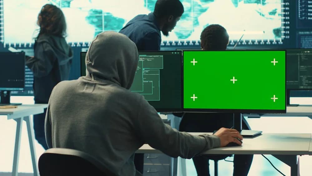Člověk sleduje bezpečnostní upozornění na monitoru.