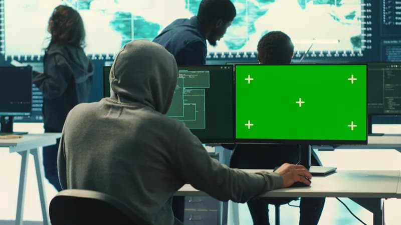 Člověk sleduje bezpečnostní upozornění na monitoru.