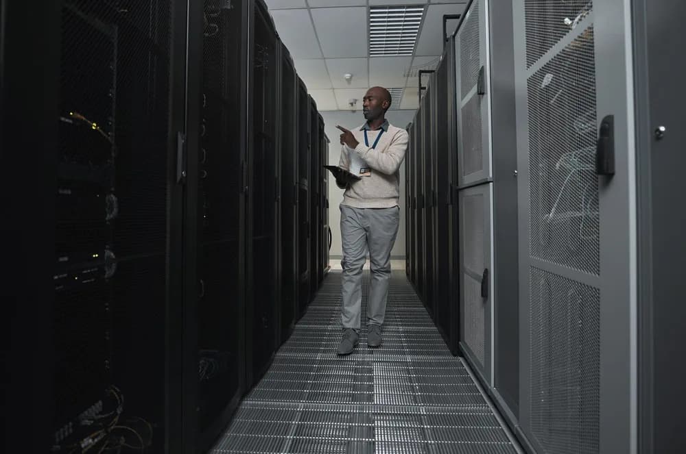 Technik sleduje provoz na monitorech v datovém centru.