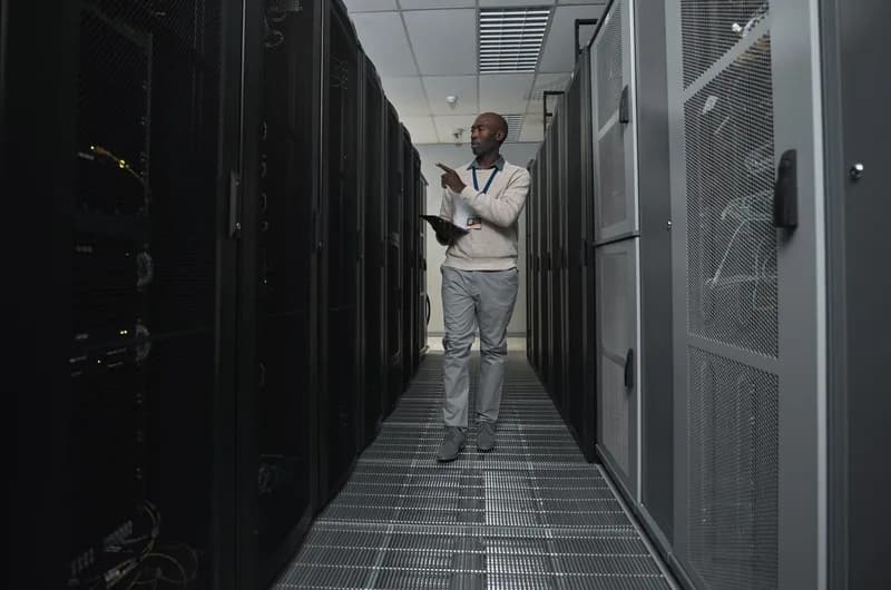 Technik sleduje provoz na monitorech v datovém centru.