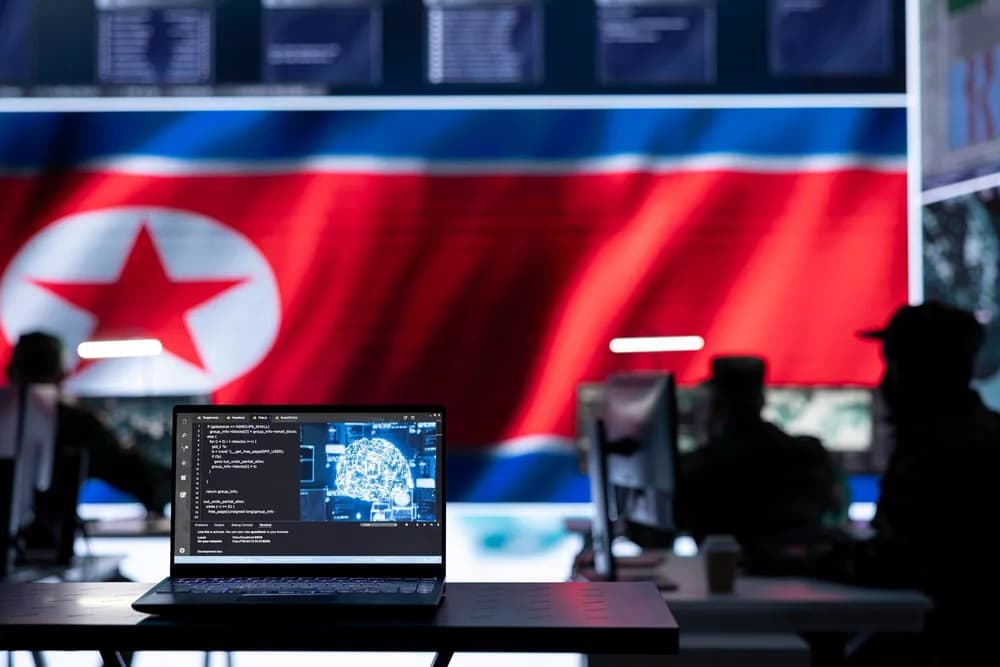 Vojenský personál pracující na velitelském stanovišti s vlajkou Severní Koreje