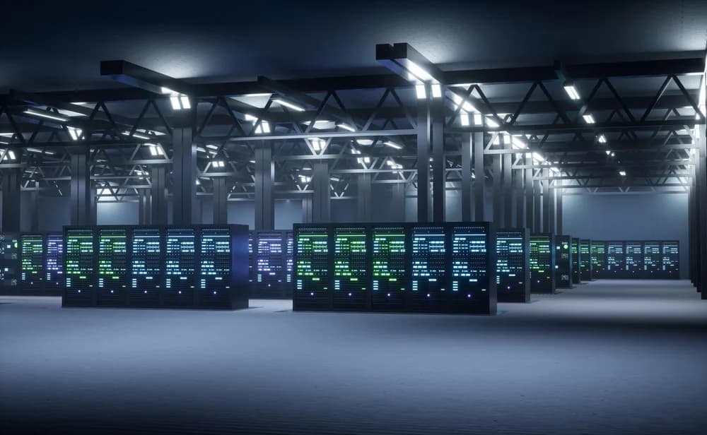 Technik kontroluje servery v zabezpečeném datovém centru.