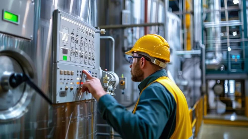 Technik kontroluje panel průmyslového řídicího systému.