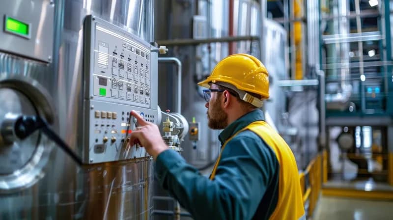 Technik kontroluje panel průmyslového řídicího systému.