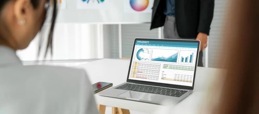 Finanční analytik pracuje s tabulkou na notebooku.