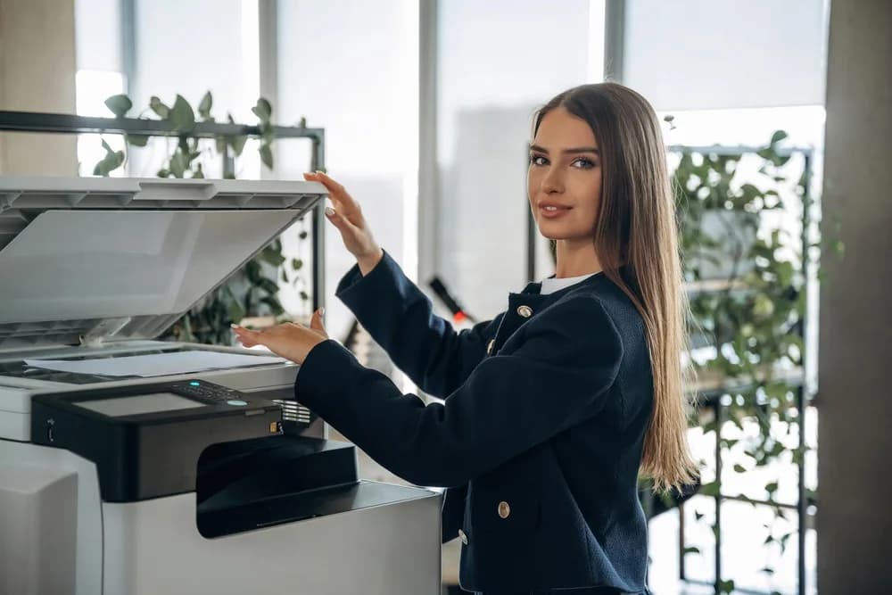 Zaměstnanec kontroluje dokument vytištěný na kancelářské tiskárně.