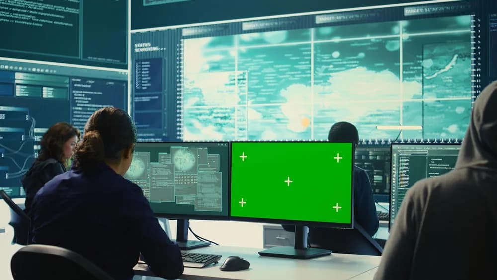 Specialista sleduje bezpečnostní upozornění na monitoru.