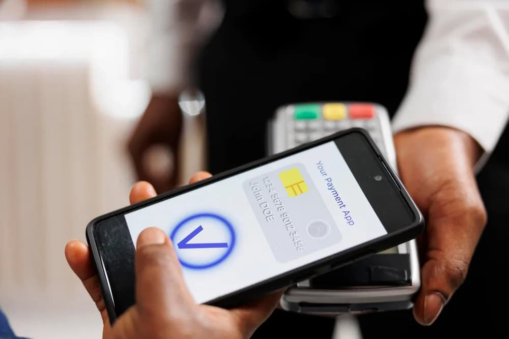 Detail lidské ruky držící smartphone a používající mobilní platbu NFC při placení za hotelové služby, bezkontaktní platba POS. Lidé používají bankovní aplikaci k placení prostřednictvím technologie NFC, mobilní peněženka