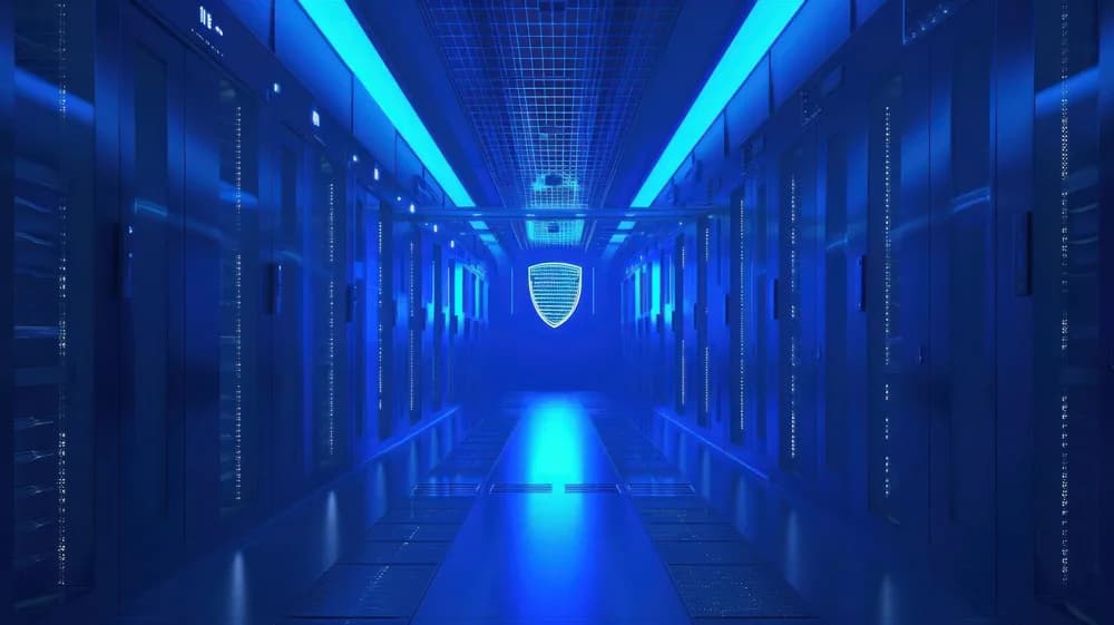 Technik kontroluje servery v datovém centru.