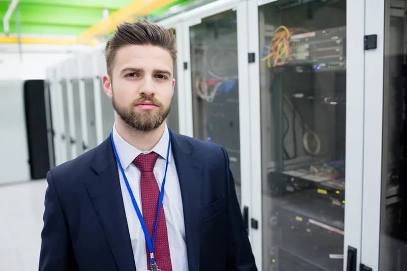 Správce kontroluje síťové zařízení v serverovně.