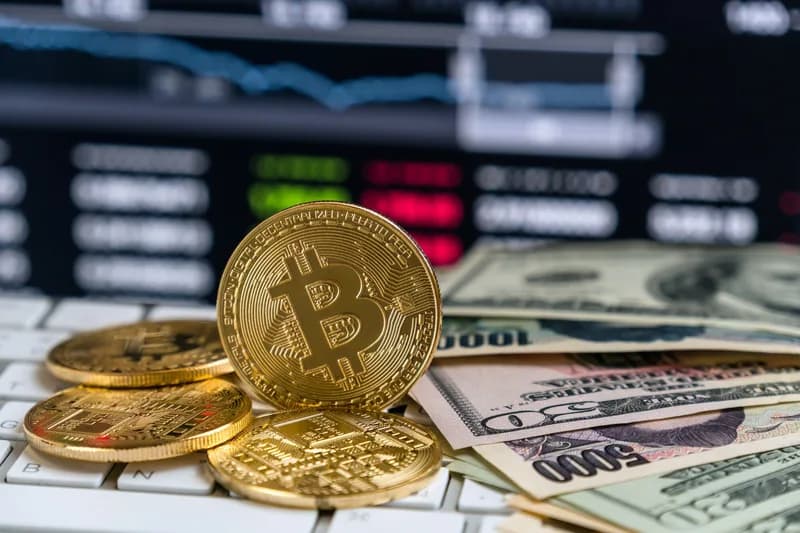 Obchodník sleduje bitcoinové grafy na několika monitorech.
