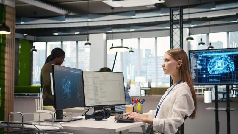 Zaměstnanec pracuje u počítače s nástrojem umělé inteligence.