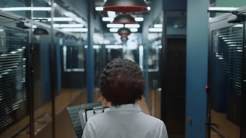 Řady serverových skříní v evropském datacentru.
