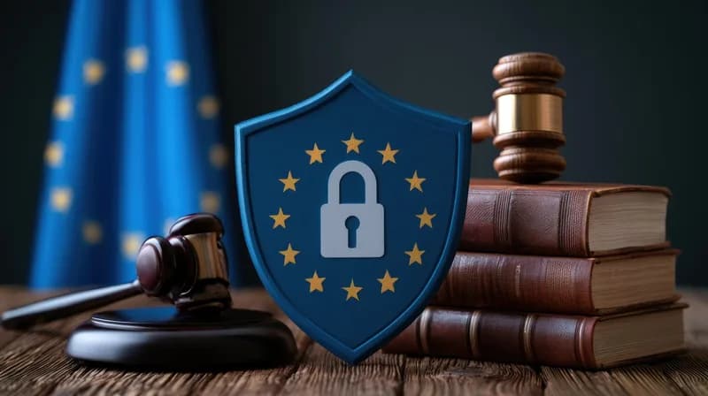 Dokumenty s paragrafy, evropskou vlajkou a digitálním zámkem.