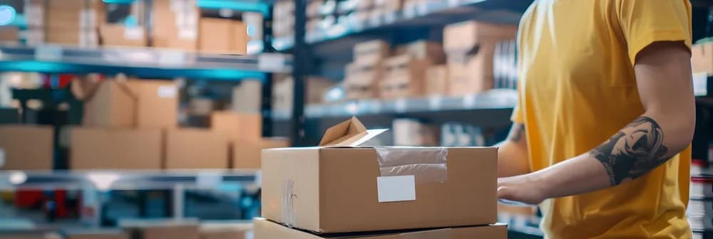 Pracovník balí objednávky ve skladu e-shopu.