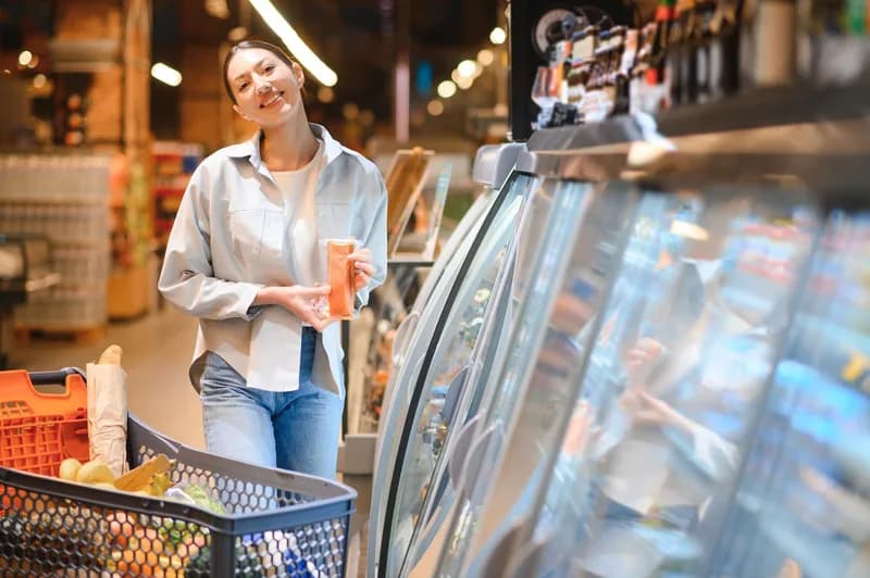 Mrazicí vitríny v evropském supermarketu plné balených potravin.