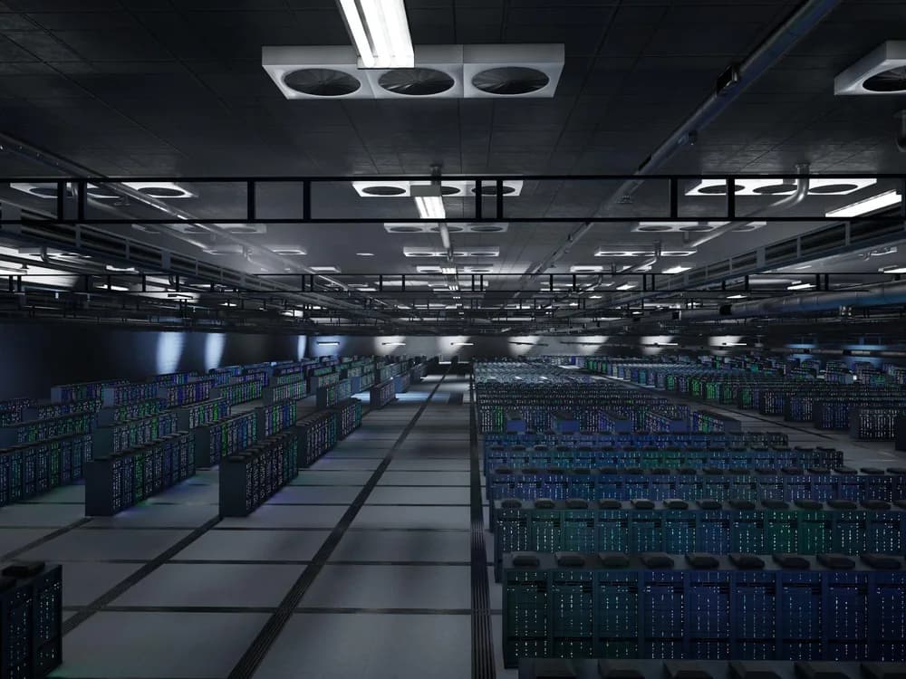 Řady serverových skříní v rozlehlém datovém centru.