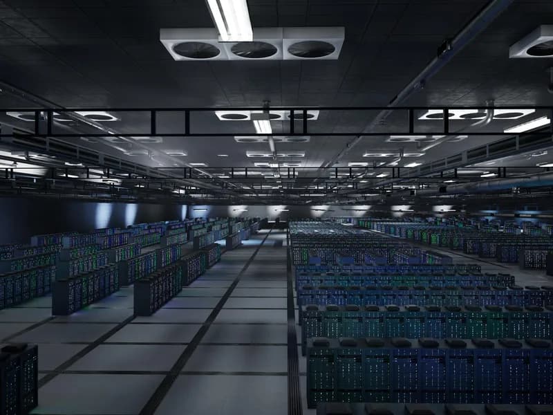 Řady serverových skříní v rozlehlém datovém centru.