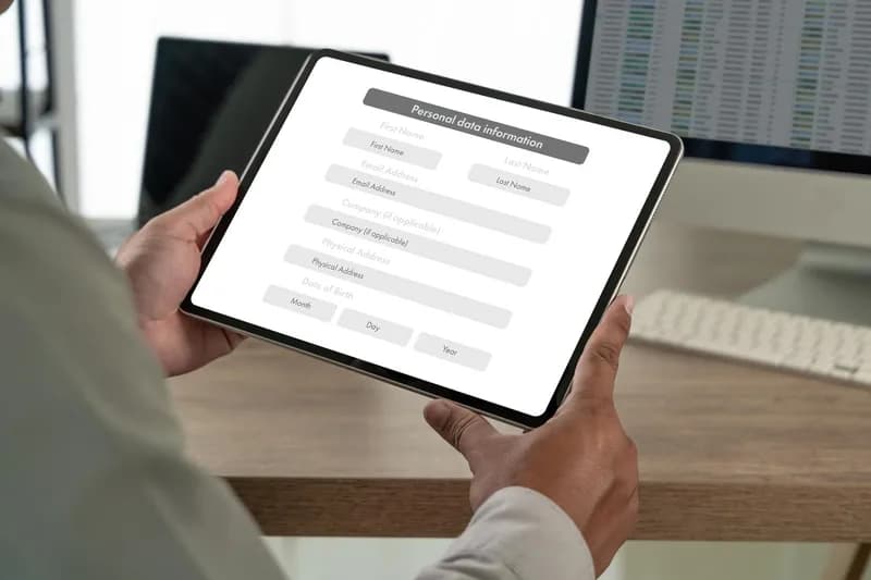 Tablet s online formulářem pro vyplnění osobních údajů.