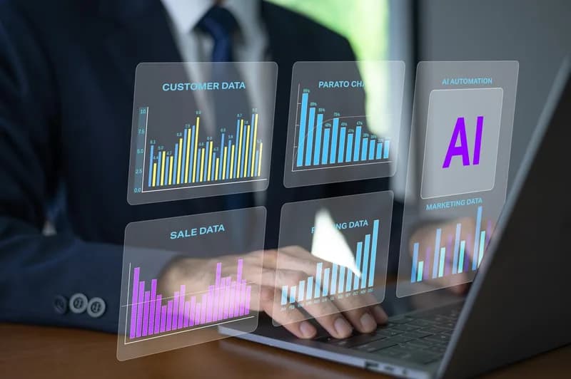 Počítačový dashboard zobrazuje grafy, ukazatele a analytické přehledy.