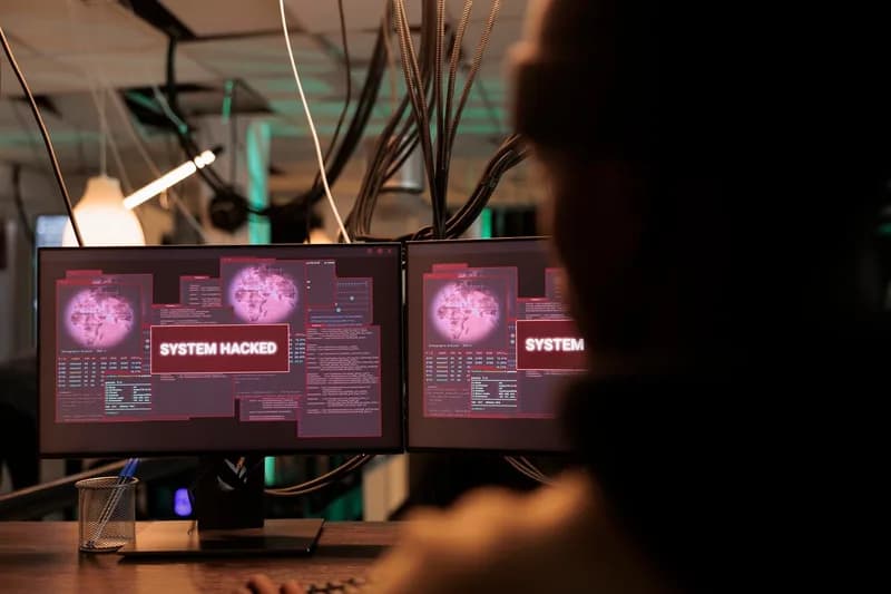 Monitory s hlášením o napadeném systému a útočník v šeru.